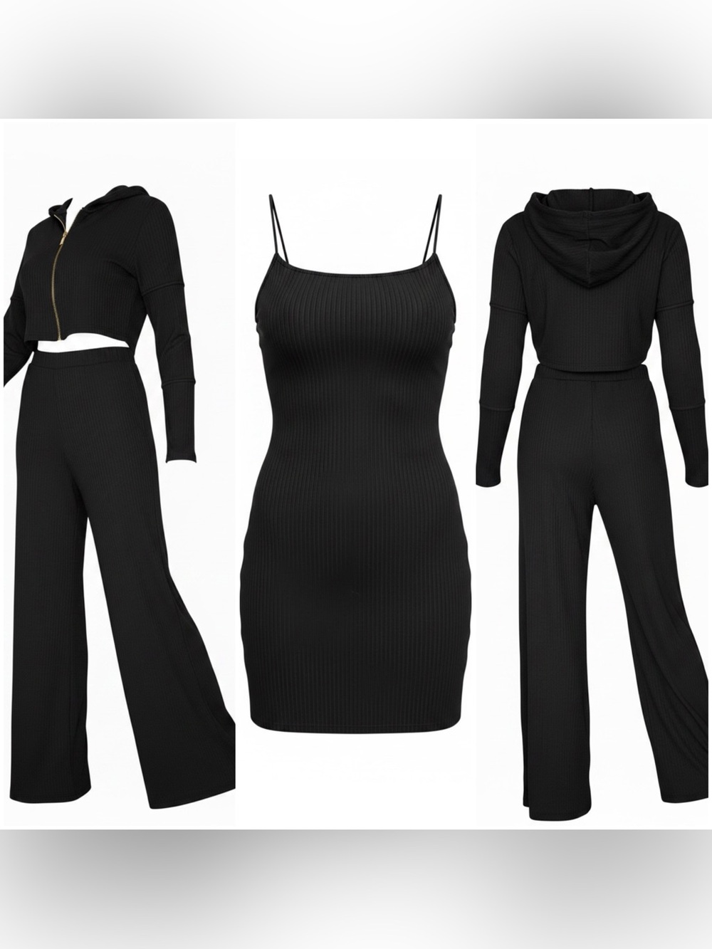 3-Piece Ribbed Set - Body-Con Dress, Cropped Jacket & Flared Pants